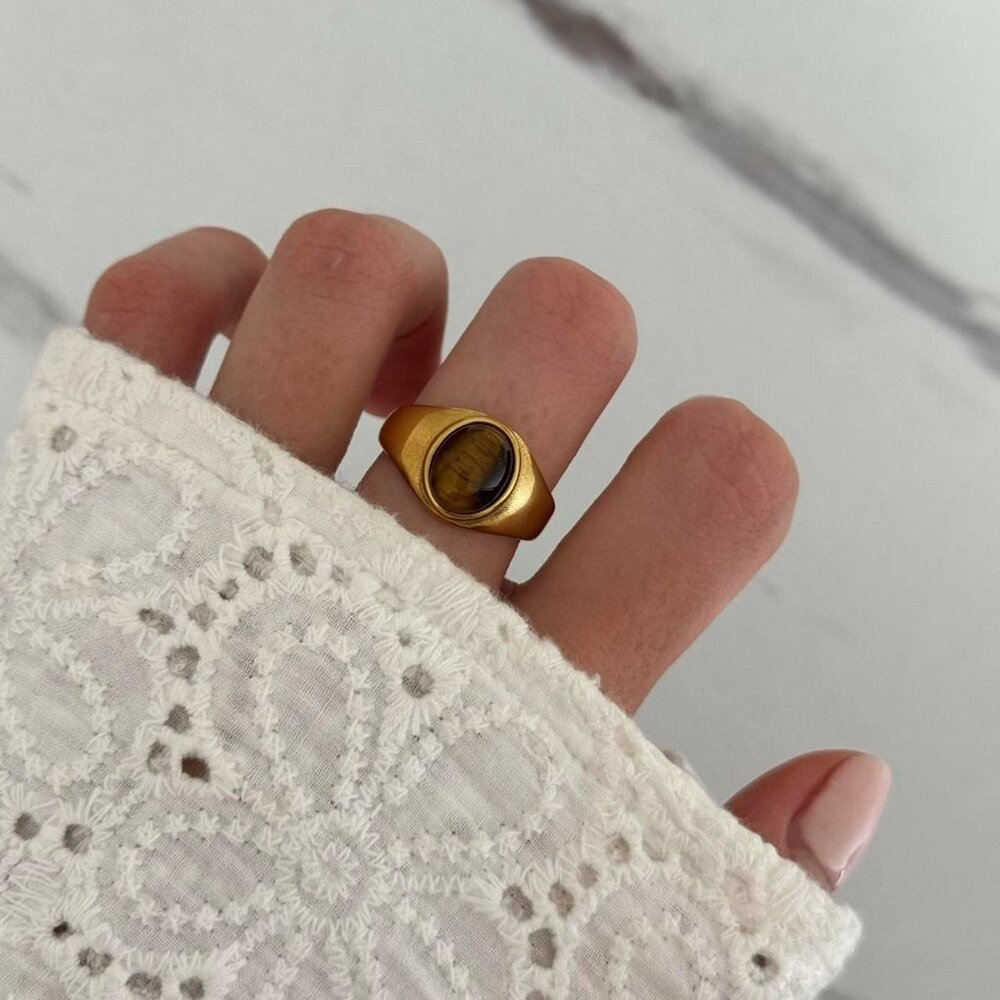 SKU:0477 gold ring brown tiger natural stone vintage inspired‎ stainless steel